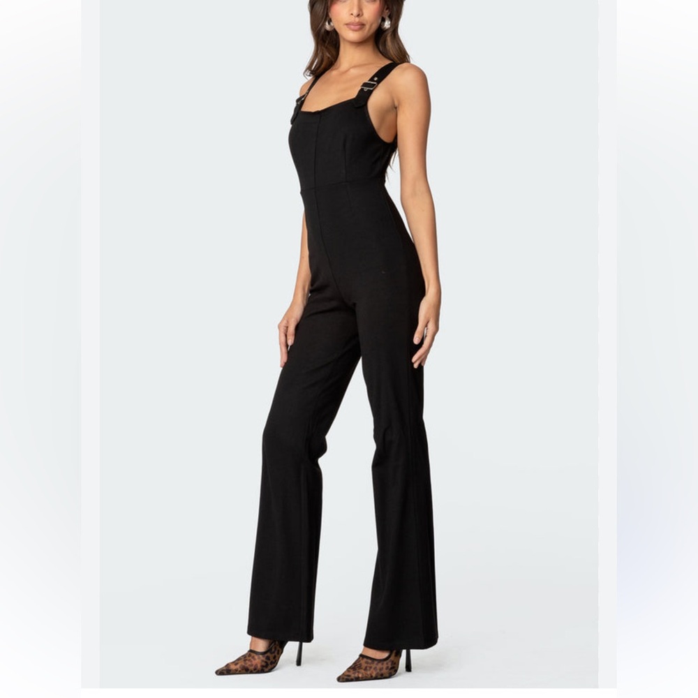 Edikted Bianka Size S Buckle Strap Flare Jumpsuit Black Comfort Stretchy Fashion